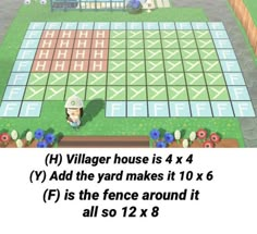 an animal crossing game with the words villager house 4x4 and yy add the yard makes it 10 x 6 f is the fence around it all so 12 x 8