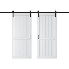 two white doors with black hardware on each side and an open door to the other side