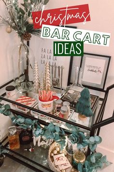 Christmas Bar Cart Bar Cart Holiday Decor, Christmas Bar Set Up, Christmas Bar Cart Ideas, Christmas Host, Teen Christmas Party, Cocktail Cart, Bar Cart Ideas, Hosting Party, Christmas Hosting