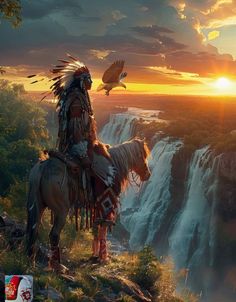 a person on a horse with a bird in the sky above them and a waterfall