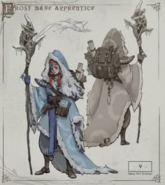 Arctic Ranger Dnd, Ice Witch Art, Frost Punk Concept Art, Frost Character Design, Ice Character Design Male, Snow Character Design, Ice Character Design, Mage Apprentice, Mage Character Art