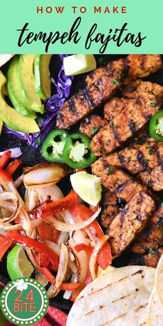 a plate filled with meat, vegetables and tortillas