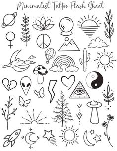 a set of black and white hand drawn symbols