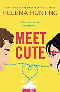 the cover of meet cute by helena hunting, with an image of two people drinking coffee