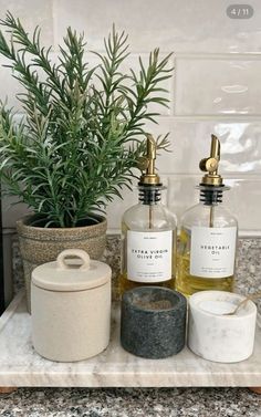 two soap dispensers sitting on top of a counter next to a potted plant