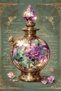 a painting of a vase with flowers in it and a diamond on the top that is surrounded by writing