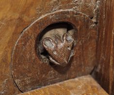 a close up of a wooden door with a metal object in the hole on it