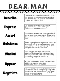 Dbt Skills Worksheets Mindfulness, Dear Man Dbt, Dbt Activities, Dear Man, Interpersonal Effectiveness, Visual Learner