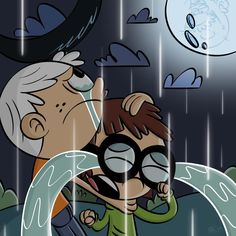 an older man and young boy are kissing in the rain with their eyes covered by sun glasses