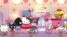 the hello kitty cafe is full of cute little kittens and other characters in it