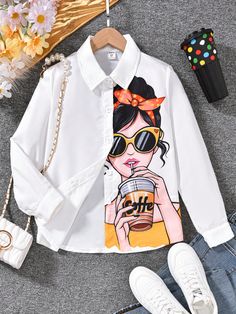 Tween Girls Urban Print Cartoon Character Long Sleeve White Blouse, Autumn White Casual  Long Sleeve Polyester Cartoon,Figure,Letter Shirt Non-Stretch  Tween Girls Clothing, size features are:Bust: ,Length: ,Sleeve Length: White Long Sleeve Blouse, Drop Shoulder Tee, Girls Stripes, Casual Athletic, Girls Blouse, Retro Hairstyles, White Blouse, White Casual, White Long Sleeve