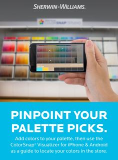 a person holding up a cell phone with the text pinpoint your palette picks add colors to your palette, then use the colorshap visualizer for iphone &