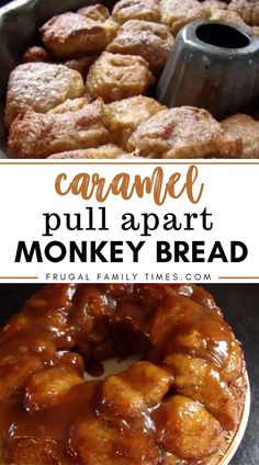 caramel pull apart monkey bread on a white plate with text overlay that reads caramel pull apart monkey bread