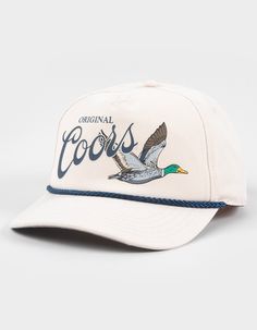 American Needle Coors Snapback Hat. Original Coors Graphic Screened On Front. Brim Rope Detail. Slightly Curved Bill. Adjustable Snapback Closure. 100% Cotton. Imported.