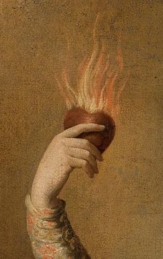 a painting of a hand holding an apple with fire coming out of it's head