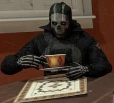 a person in a skeleton mask holding a cup and saucer