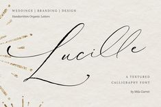 the word lucile is written in cursive writing and surrounded by gold glitters