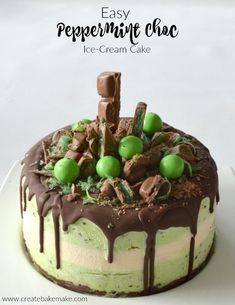 a cake with chocolate icing and green decorations sitting on top of a white plate