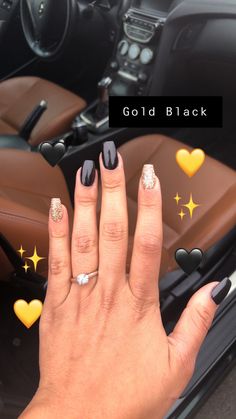 Nail Gel Black Ideas, Black And Gold Nails For Hoco, Matte Black Rose Gold Nails, Black And Gold Dipped Nails, Nails That Goes With Black Dress, Cute Black Hoco Nails, Black Nails With Gold Accent Nail, Short Acrylic Nails Black And Gold, Black And Gold Nails Wedding