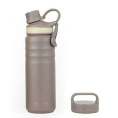 thermos stainless steel water bottle with lid is shown next to an empty cup