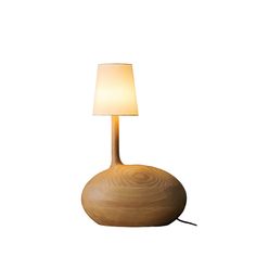 a wooden table lamp with a white light on it