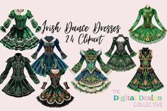 four dresses are shown in different colors and sizes, with the words just dance dressed on them