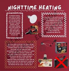 the contents of a night time heating kit are displayed on a red background with white dots