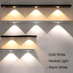 three different types of lights are shown on the wall and below them is an advertisement for cold white neutral light warm white