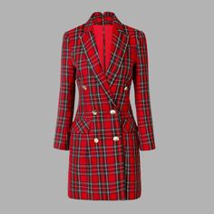 Introducing our stylish and trendy Red Plaid Blazer Dress for Women! This fashion-forward dress combines the classic charm of plaid with the sophistication of a blazer. Made with high-quality materials, this dress offers comfort and durability. With its non-stretch elasticity, this dress ensures a flattering and slim fit. The regular sleeve style adds a touch of elegance, making it suitable for various occasions. The eye-catching plaid pattern adds a bold and fashionable statement to your wardrobe. The straight silhouette and above knee length create a modern and chic look. The notched neckline adds a subtle detail, while the double-breasted closure and button decoration enhance the dress's overall appeal. Whether you're attending a formal event or going for a casual yet stylish look, this Plaid Blazer, Red Plaid, Blazer Dress, Plaid Pattern, Formal Event, Sleeve Styles, Double Breasted, Knee Length, Fashion Forward