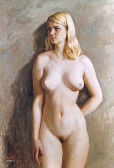 a painting of a nude woman standing in front of a gray wall with her hands on her hips