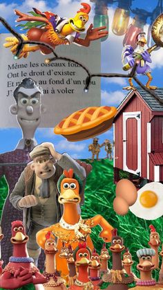 a collage of cartoon characters including an egg, chicken, and other items in front of a house