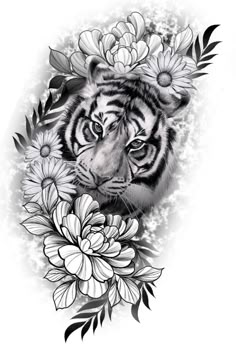 a tiger surrounded by flowers and leaves