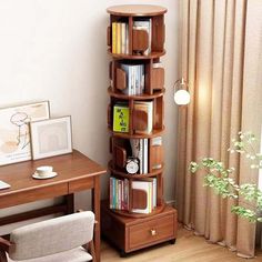 a room with a desk, chair and bookshelf in front of a window