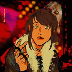 a digital painting of a woman making the peace sign with her hand and wearing a fur collar