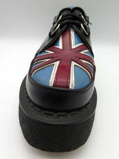 The original “Hamilton” creeper in black leather and British flag, with Goodyear welted crepe sole. Made since 1949, adopted by Teddy Boys, often copied, never equaled. VI sole 30mm front, 42mm back. By George Cox, creator of the original Creeper shoe. Creepers Shoes, Teddy Boys, British Flag, Goodyear Welt, Union Jack, Creepers, Gibson, Design Details, Black Leather