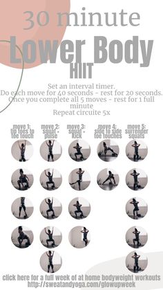 the 30 minute lower body workout poster is shown in black and white, with instructions on how to do it