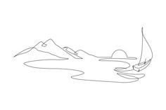 a single line drawing of mountains and water