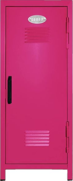 a pink fire extinguisher with the door open