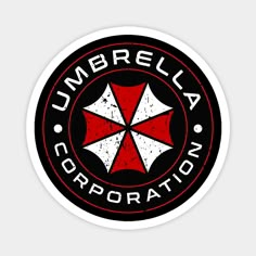 the umbrella corporation logo is shown in black and red on a round sticker that reads umberella corporation