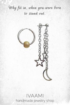 Asymmetrical earrings with moon, sun and star charms. Hoop earring with sun bead and stud earring with stars and moon charms. All parts of the earrings are stainless steel, which is hypoallergenic and won’t tarnish or discolor over time. #etsy #asymmetricalearrings #mismatchedearrings #celestialearrings #statementearrings #sunandmoonearrings #uniqueearrings #stainlesssteelearrings #celestialjewelry Sun Moon And Stars, Moon Sun, Sun And Stars, Celestial Jewelry, Moon Charm, Moon And Stars