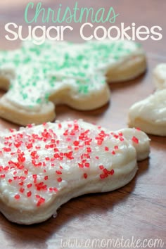 christmas sugar cookies with sprinkles on a table