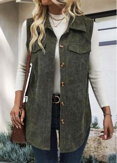 Color:Olive Green;Size:1X;Size:2X;Size:3X;Package Contents:1 X Waistcoat;Style:Casual; Olive Vest Outfit, Corduroy Waistcoat, Waistcoat Style, Elegant Dresses Plus Size, Green Sweater Vest, Corduroy Vest, Women's Vests, Olive Green Shirt, Jacket Outfit Women