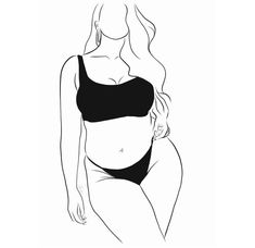 a black and white drawing of a woman in a bathing suit with her hand on her hip