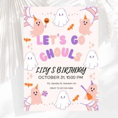 a pink halloween party flyer with ghost characters and bats on it's front, along with the words let's go ghouls