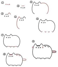 step by step drawing instructions for how to draw a cute cat with eyes and tail