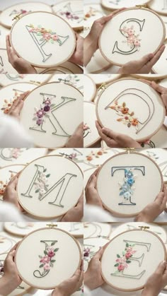 the embroidery is being stitched together with different letters and numbers on them, along with flowers