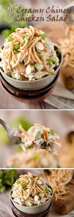 three pictures show different types of food in bowls and on spoons, with the words happy chinese chicken salad above them