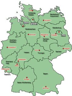 a map of germany with all the towns and major roads in red highlighted on green