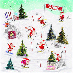 a christmas calendar with santa skiing and trees