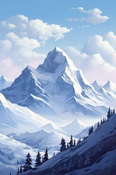 a snowy mountain range with trees and clouds in the sky, as seen from an artist's perspective